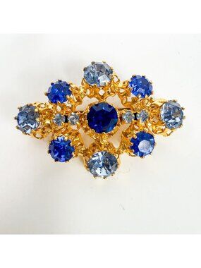 Vintage Gold Tone Diamond Shaped Blue Aqua Prong Set Rhinestones Austria